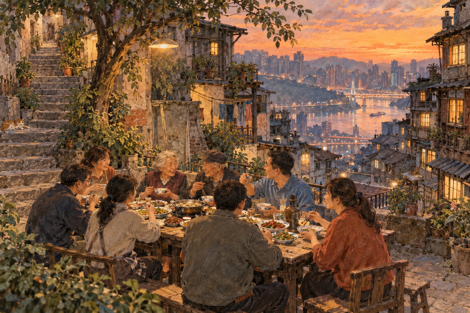 山城暮色中人们围坐长桌交谈用餐的主题插画,非电影剧照或活动现场实拍