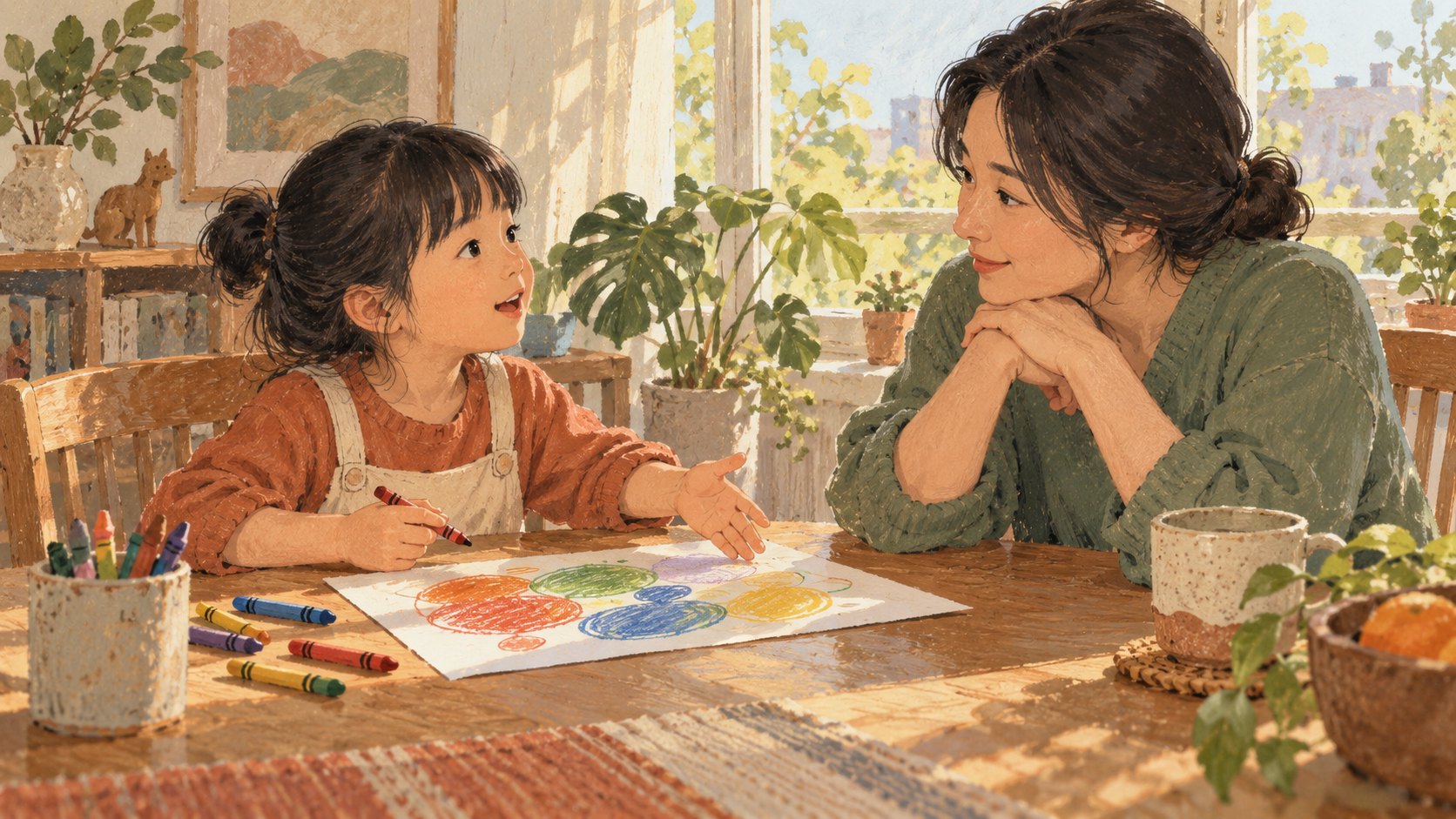 概念插畫:孩子在家中桌前用色筆畫出感受,家長專注傾聽孩子分享