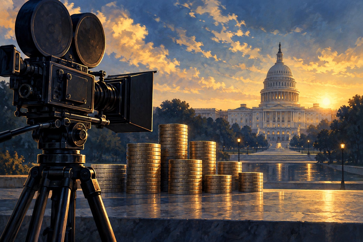 Conceptual illustration of a movie camera and stacks of coins with the U.S. Capitol in the background.