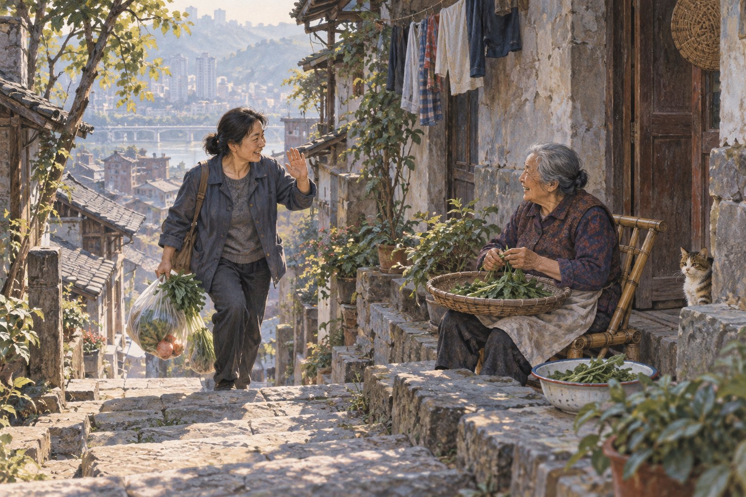 山城石阶旁买菜归来的居民与门口择菜老人打招呼的主题插画，非电影剧照