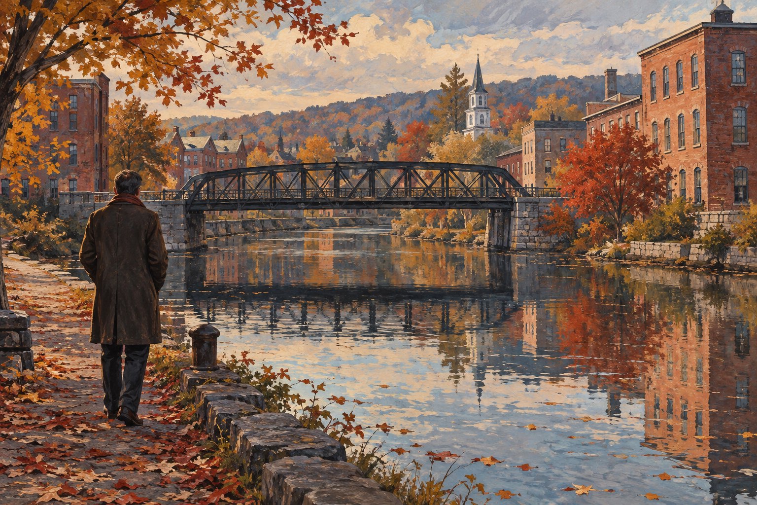 Autumn illustration of a solitary visitor beside a canal, facing an iron bridge and brick buildings in an imagined upstate New York town.