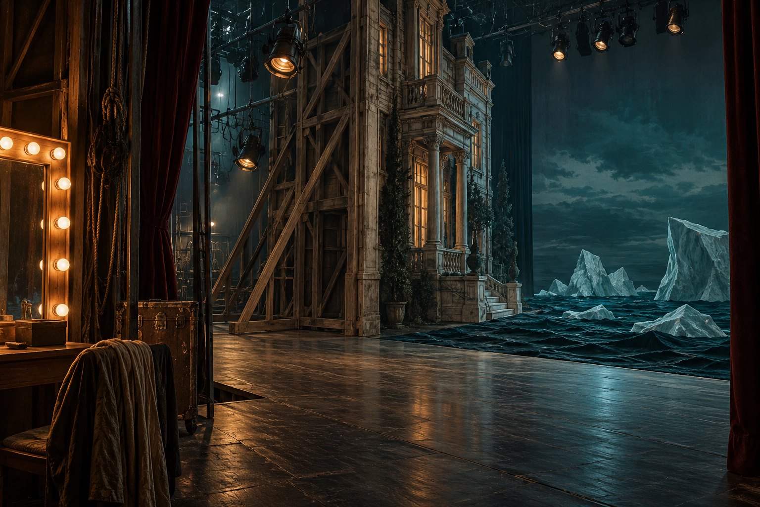 Conceptual illustration of a theater set with a mansion facade, exposed wooden supports, and an artificial ocean with ice formations.