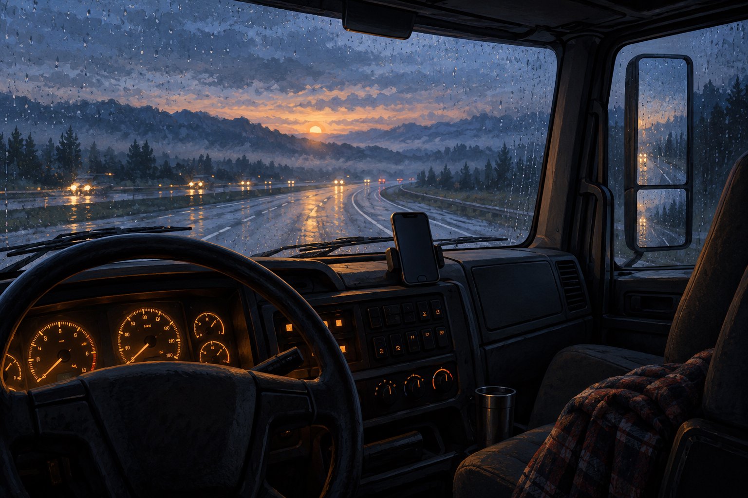 Conceptual illustration of an empty truck cab with a dark phone, an unoccupied passenger seat, and a rain-streaked windshield at dawn.