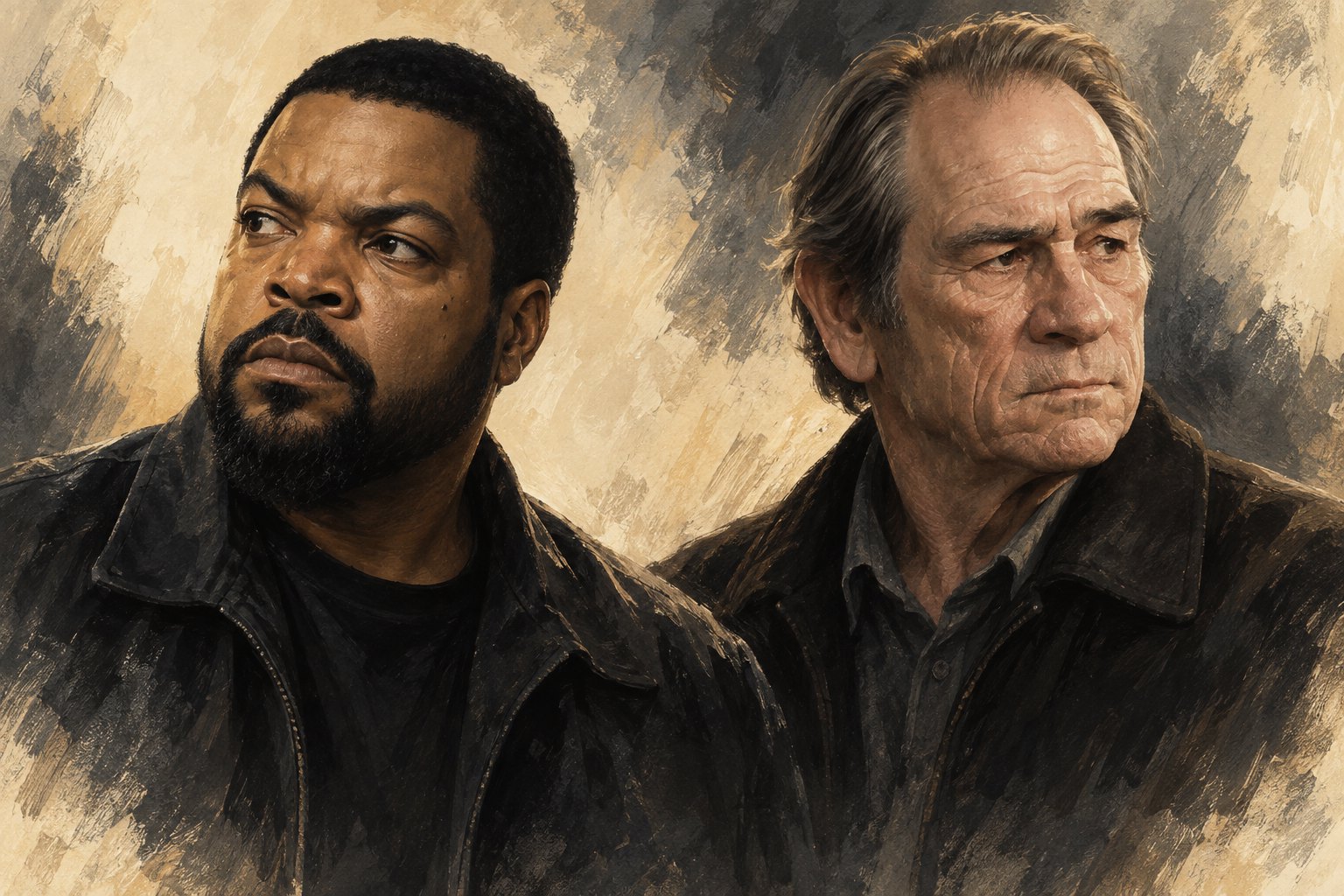 Painterly editorial portraits of Ice Cube and Tommy Lee Jones against an abstract cream and charcoal background.