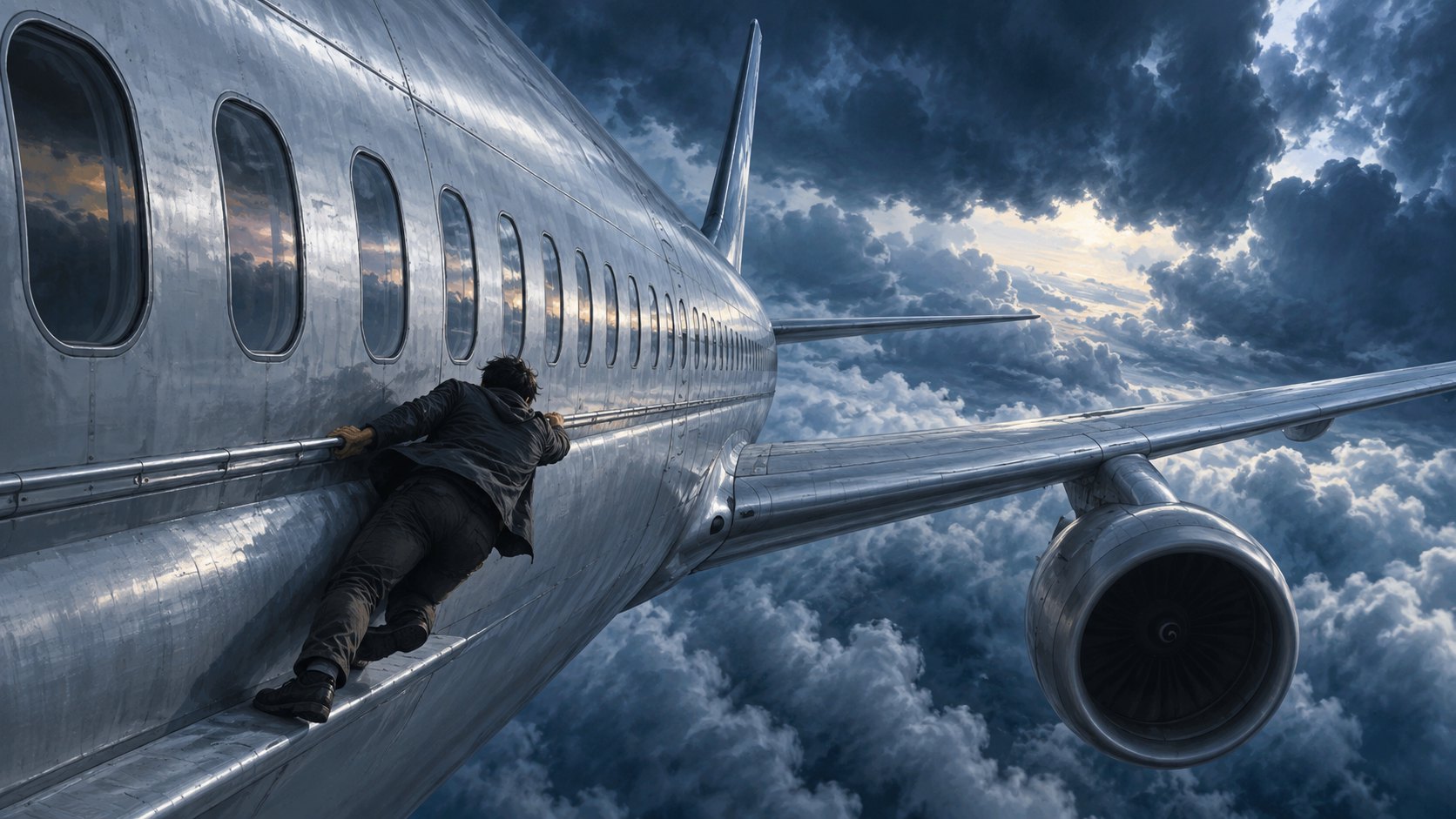 人物攀附雲層上方的客機外側,呈現高空危機的原創情境插圖,非電影劇照