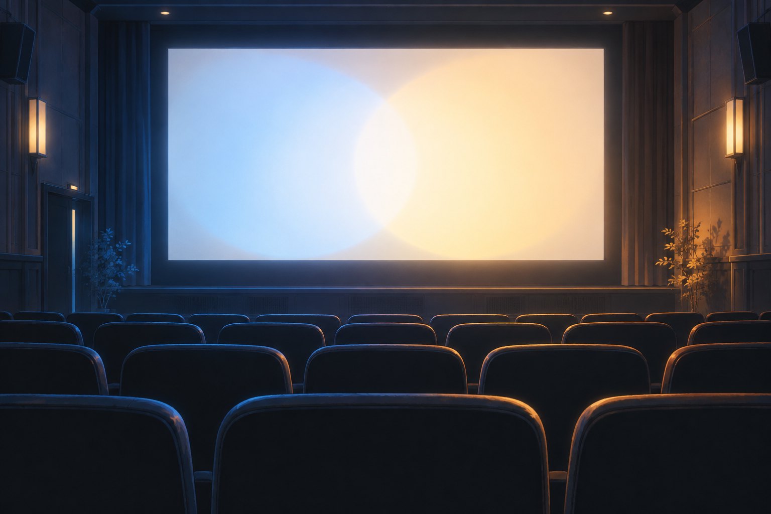 Conceptual illustration of an empty cinema with a glowing blank screen and soft blue and amber light.