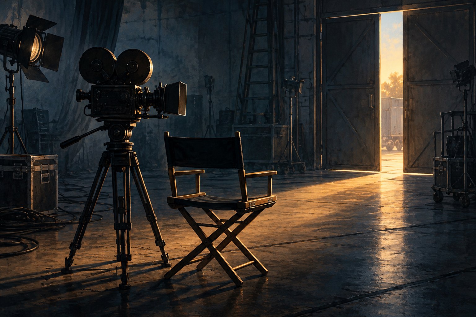 Conceptual illustration of an idle movie camera and empty director’s chair in a shadowy soundstage with sunlight entering through an open door.