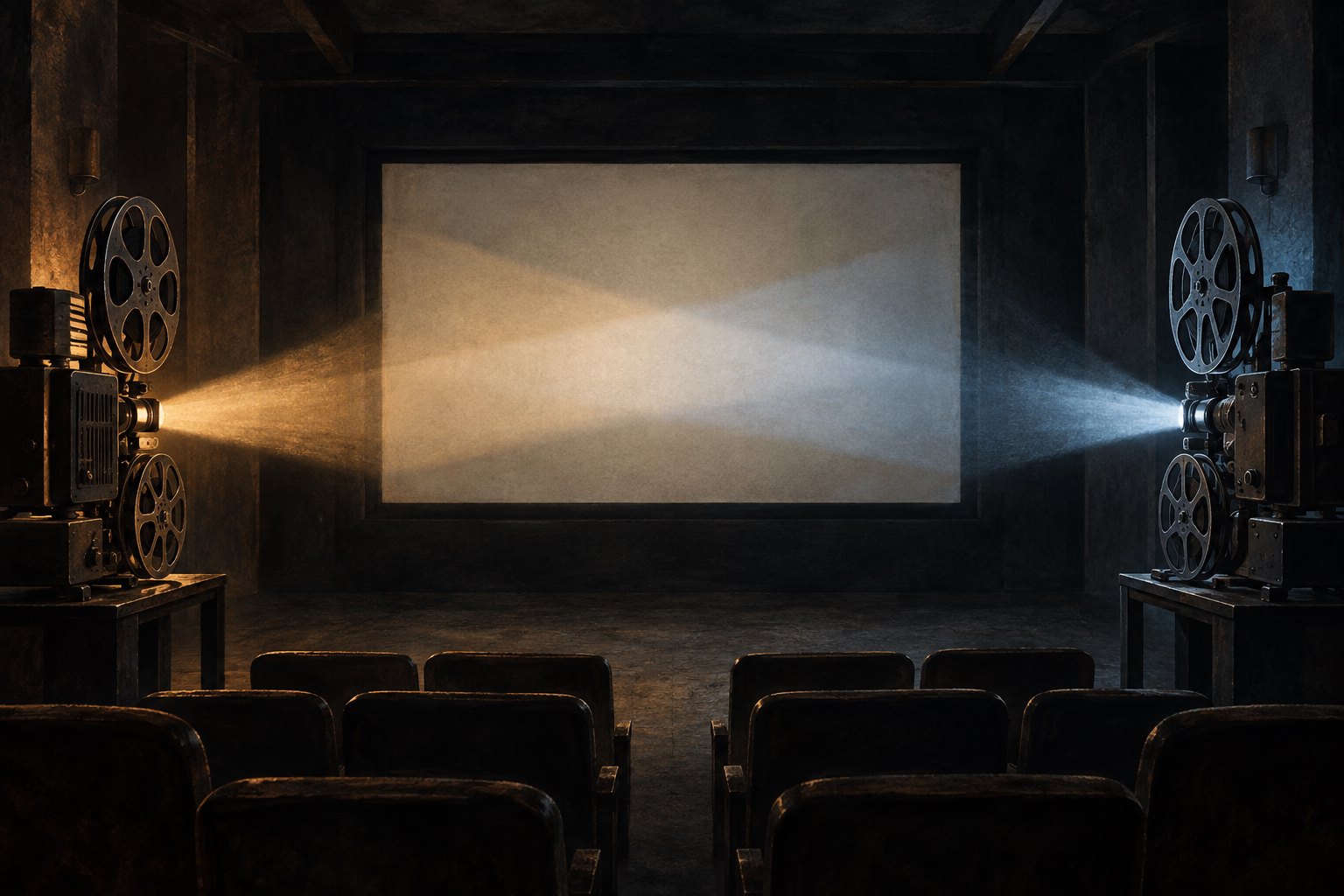 Conceptual illustration of two film projectors casting intersecting beams toward a blank cinema screen.