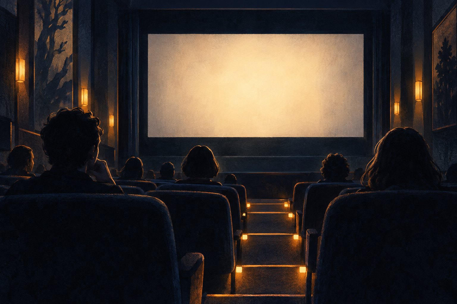 Conceptual illustration of audience silhouettes facing a glowing blank movie screen in a dark theater.