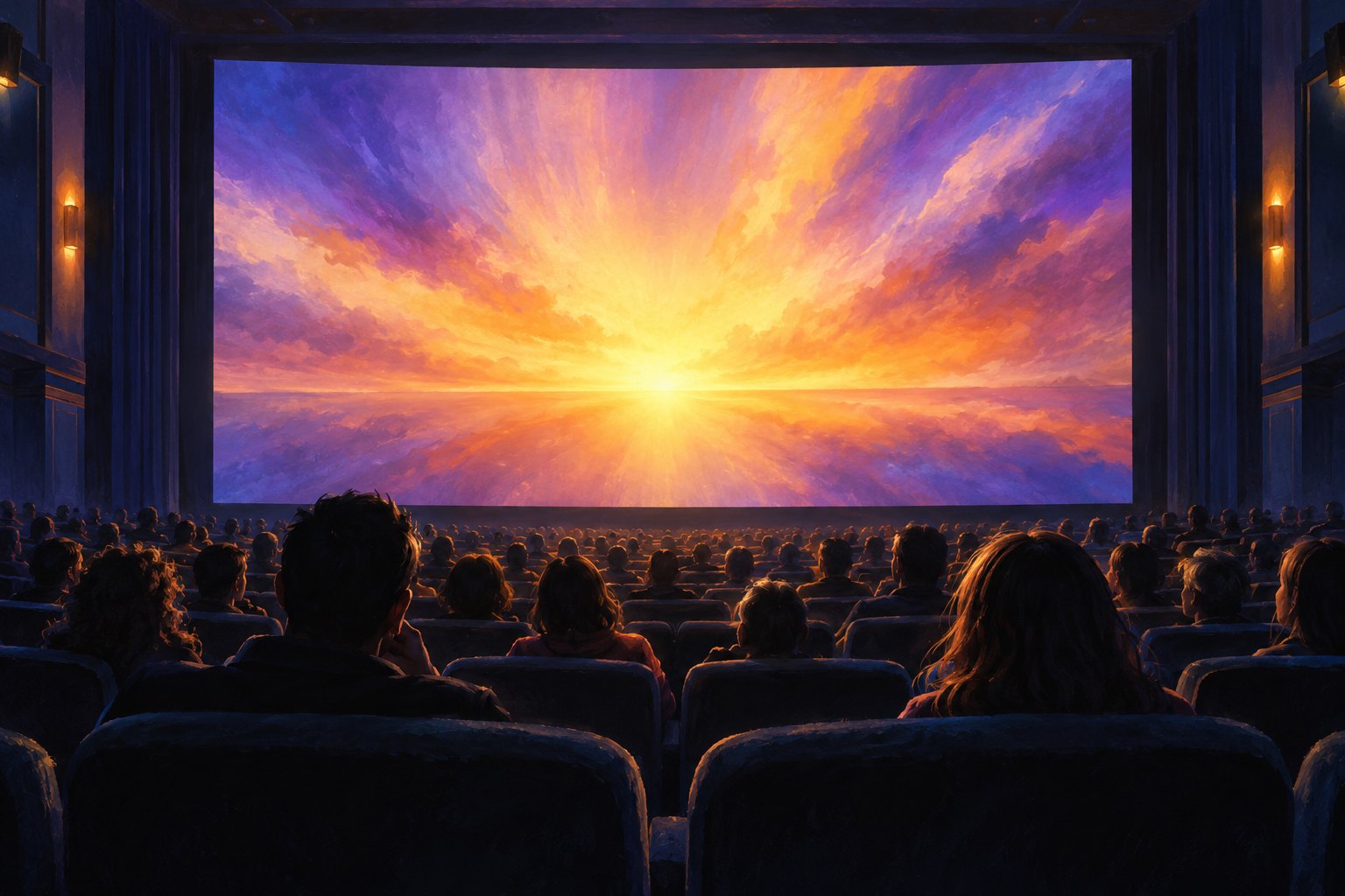 Painterly illustration of a seated movie theater audience watching an enormous screen filled with golden and violet sunrise colors.