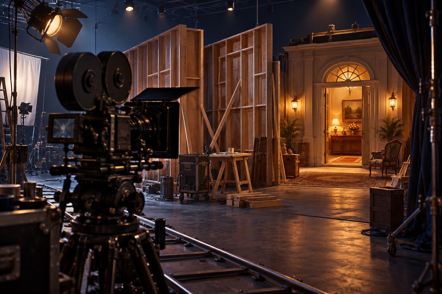 Conceptual illustration of a movie camera beside unfinished wooden scenery and a warmly lit doorway on a soundstage.