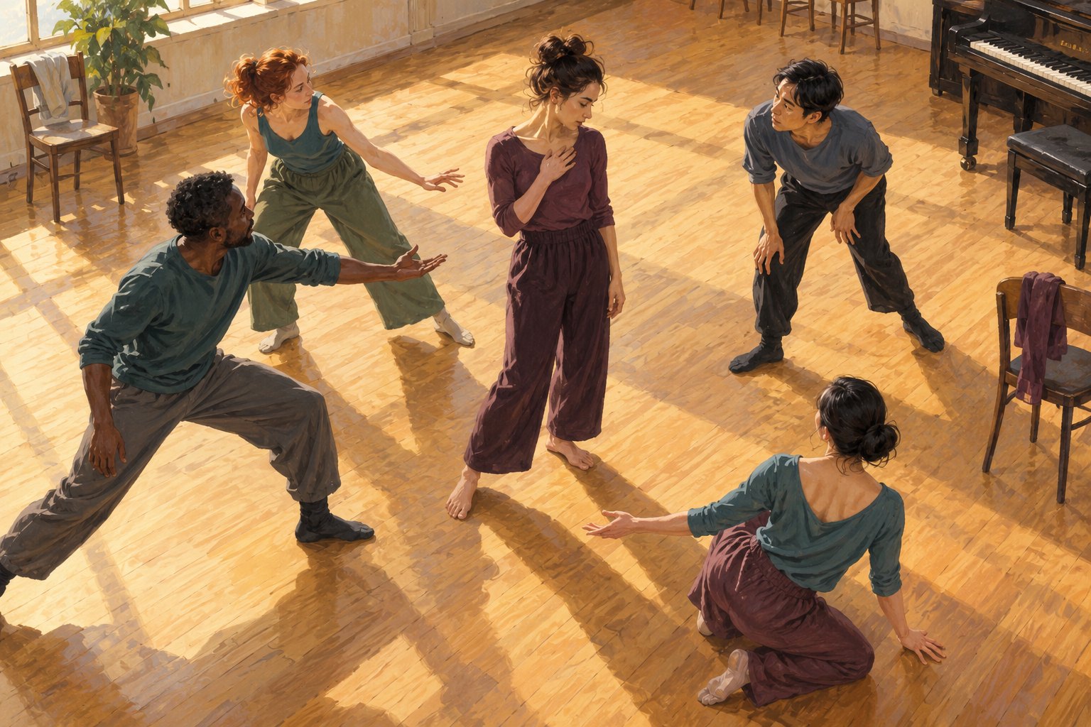 Conceptual illustration of five adult dancers forming a loose circle during rehearsal in a sunlit studio.