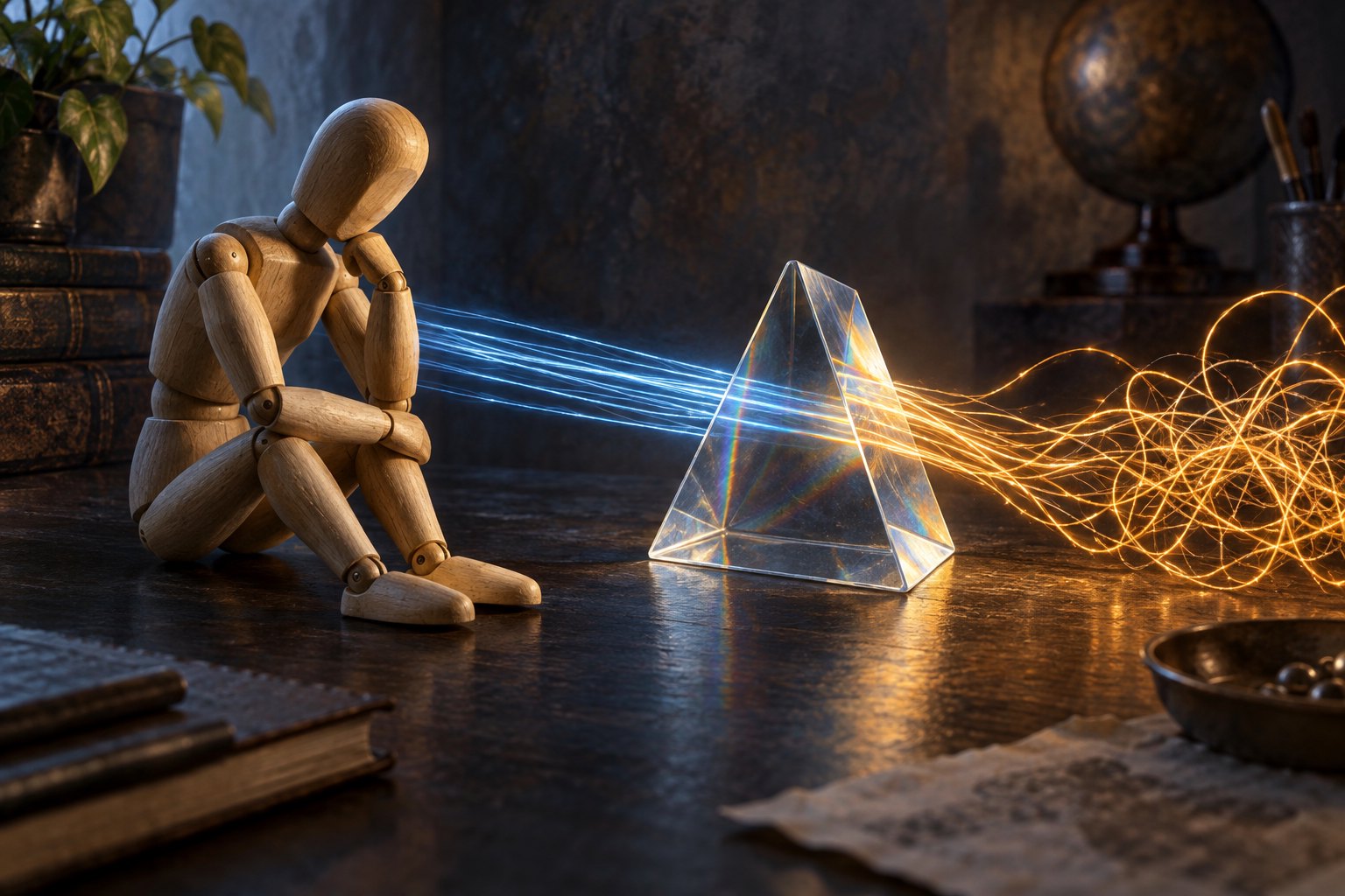 Conceptual illustration of a wooden mannequin beside a glass prism transforming straight blue light into tangled amber strands.
