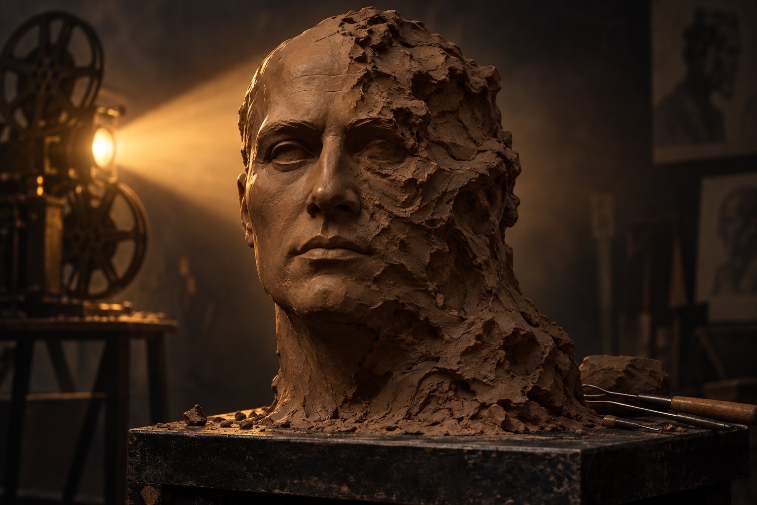 Conceptual illustration of a partially sculpted clay face illuminated by a film projector in a dark workshop.