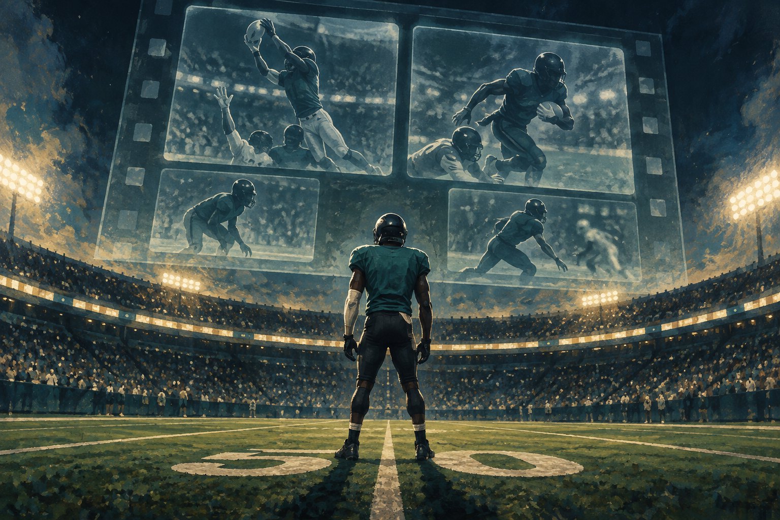 Conceptual illustration of a football player on a stadium field beneath a translucent cinematic frame.