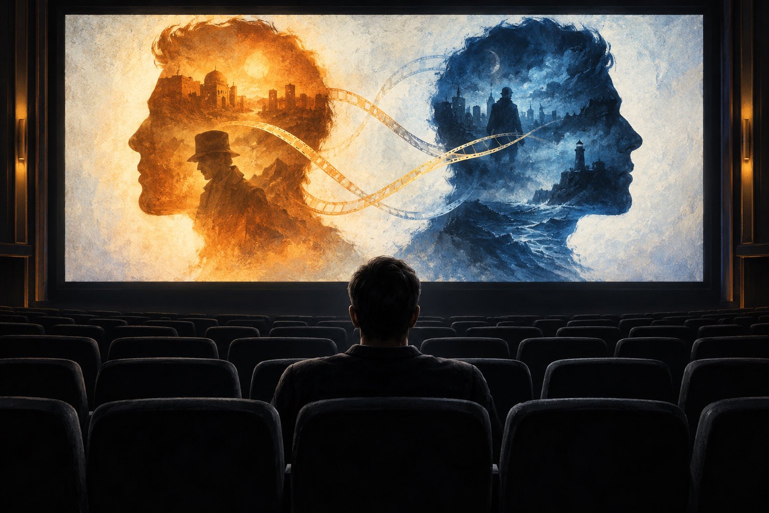 Conceptual illustration of a lone moviegoer watching contrasting amber and blue profiles connected by filmstrips.