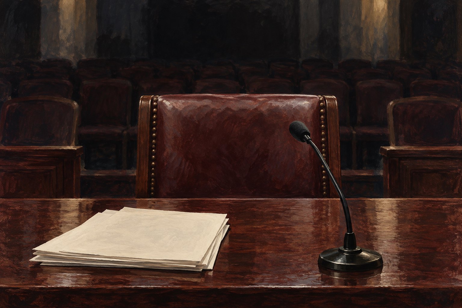 Painterly illustration of an empty chair, microphone, and blank papers at a hearing table.