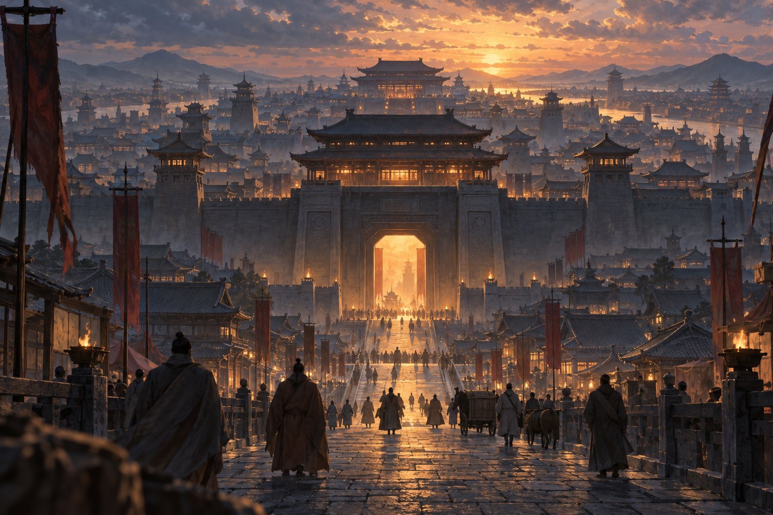 原创议题示意插画：暮色中的古代都城城门与层叠屋脊，映衬前景渺小的人物背影，非电影剧照