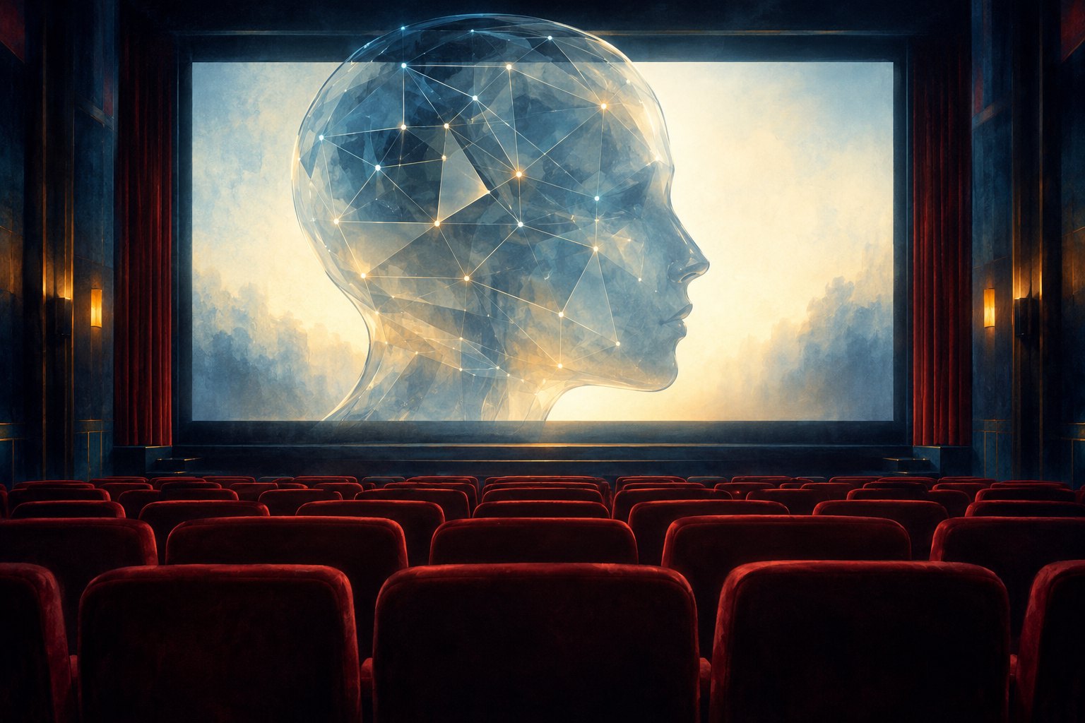 An illustrated empty movie theater faces a glowing screen filled by a translucent human profile and network connections.