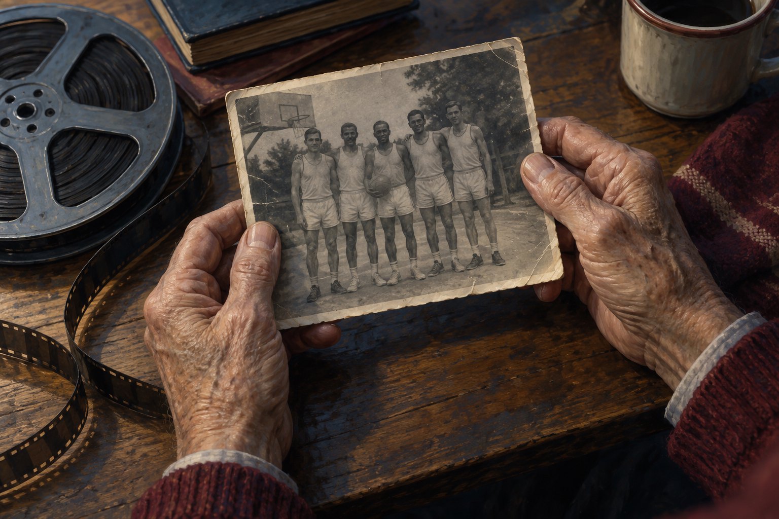 Conceptual illustration of older hands holding a fictional basketball team photograph beside a film reel.