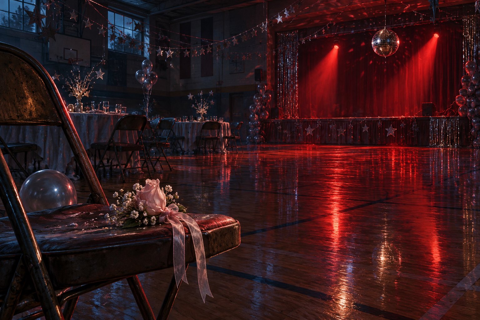 A pink corsage rests on a chair in an empty prom gym illuminated by red stage lights and a mirrored disco ball.