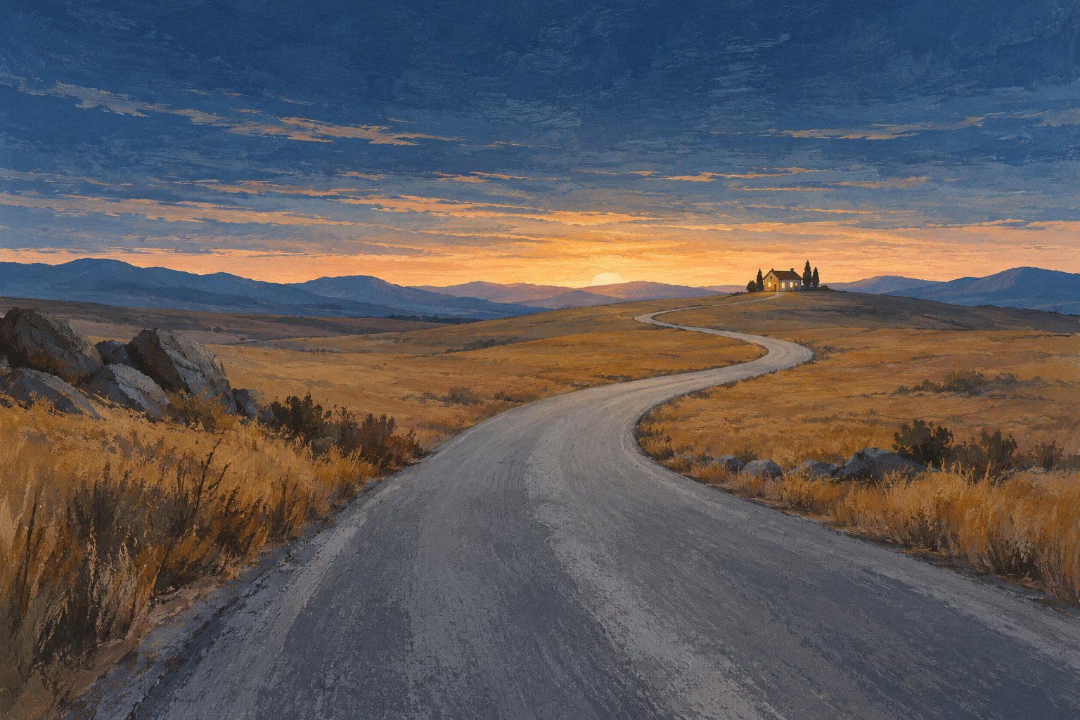 Symbolic illustration of a winding road crossing ochre fields toward a warmly lit house beneath a blue dawn sky.