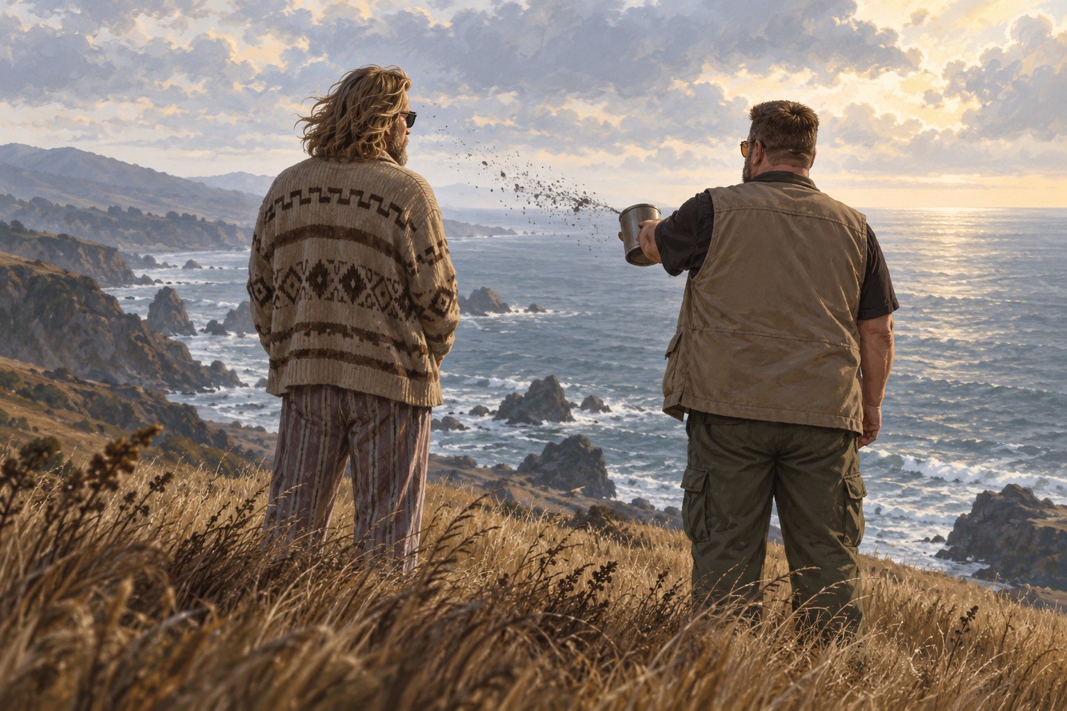 Painterly illustration of the Dude and Walter on an ocean bluff as ashes blow from an unmarked coffee tin toward the Dude.
