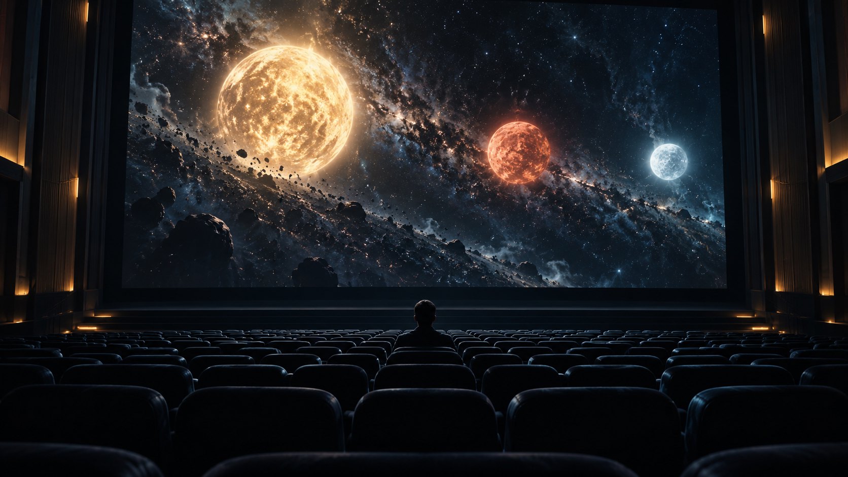 概念插畫:一名觀眾坐在幽暗戲院中,凝望映有星空與三顆發光天體的大銀幕