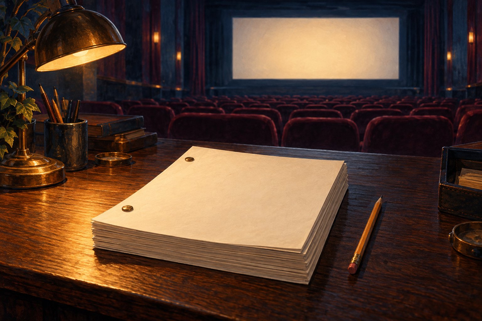 Illustration of a bound stack of blank manuscript pages on a warmly lit desk overlooking an empty movie theater.