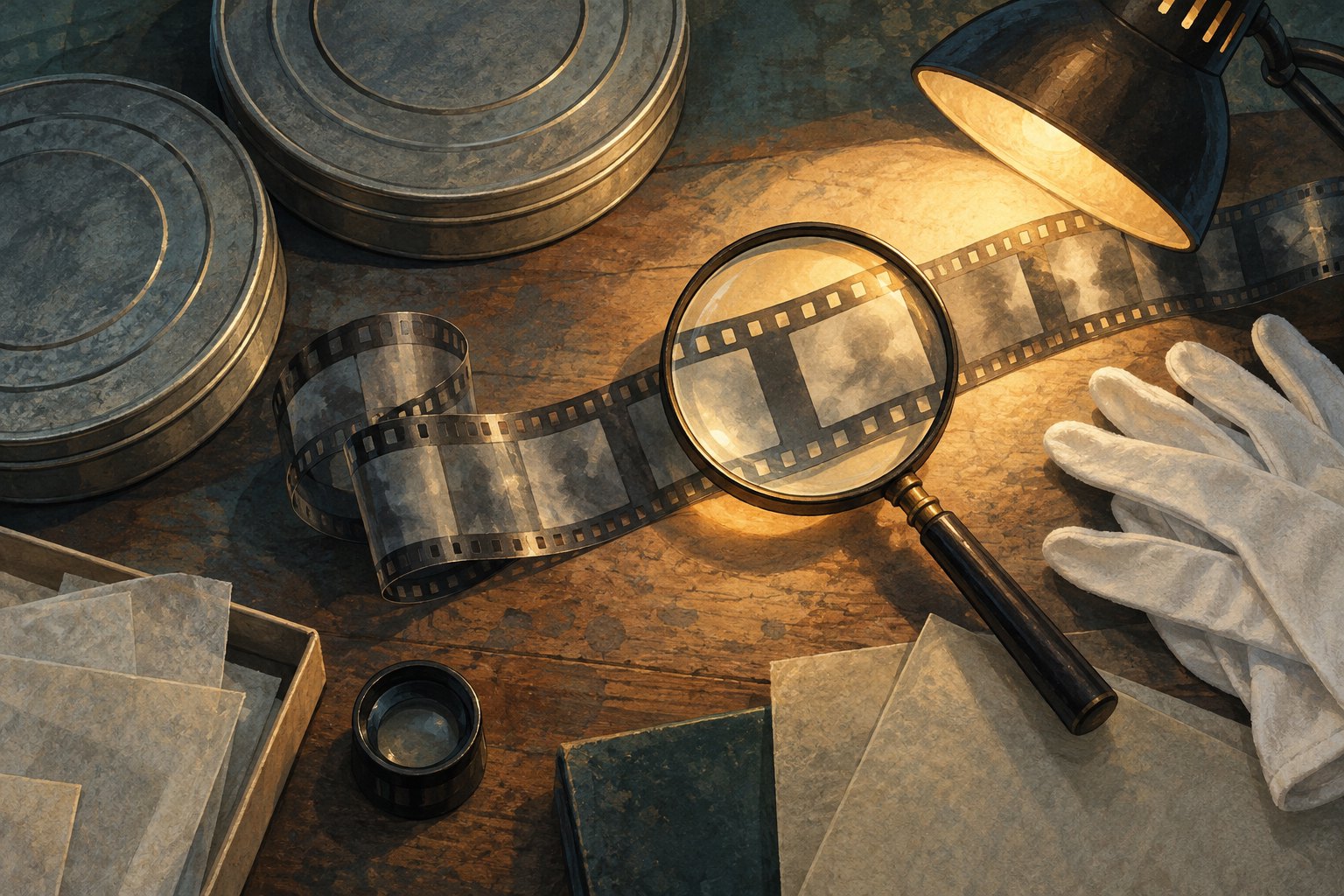 Conceptual illustration of film reels, a magnifying glass, and cotton gloves on an illuminated archival worktable.