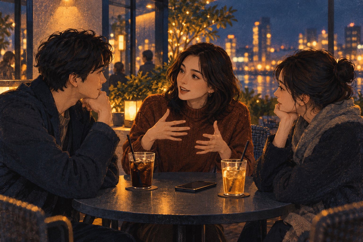 夜晚的休息区里，三位朋友围坐圆桌交流观影感受，桌上放着饮料和手机