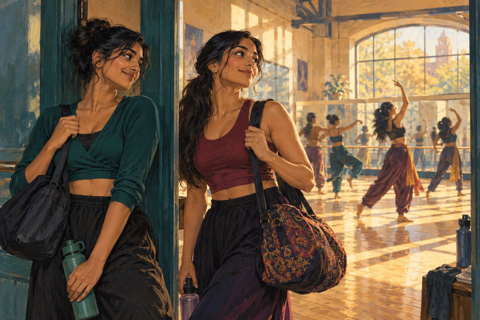 Conceptual illustration of two South Asian college students outside a sunlit dance studio.
