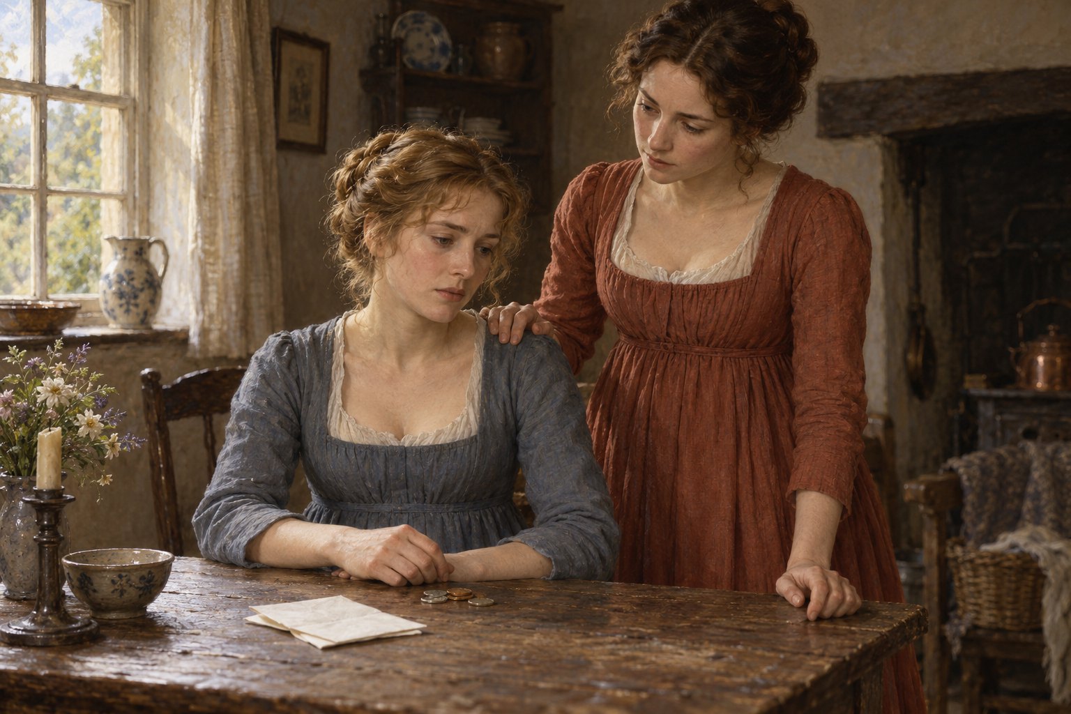 Literary illustration of a woman comforting her seated sister beside a folded letter and coins on a worn cottage table.