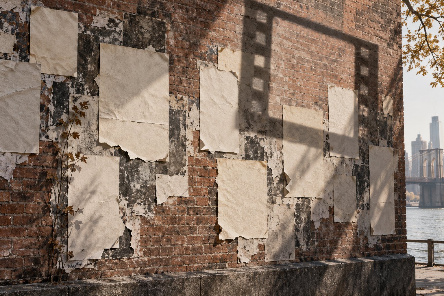 Conceptual illustration of blank, weathered posters on a brick wall beneath a rectangular shadow.