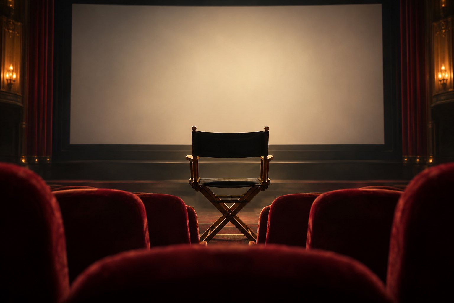 Conceptual illustration of an empty director’s chair facing a blank cinema screen, framed by red theater seats.