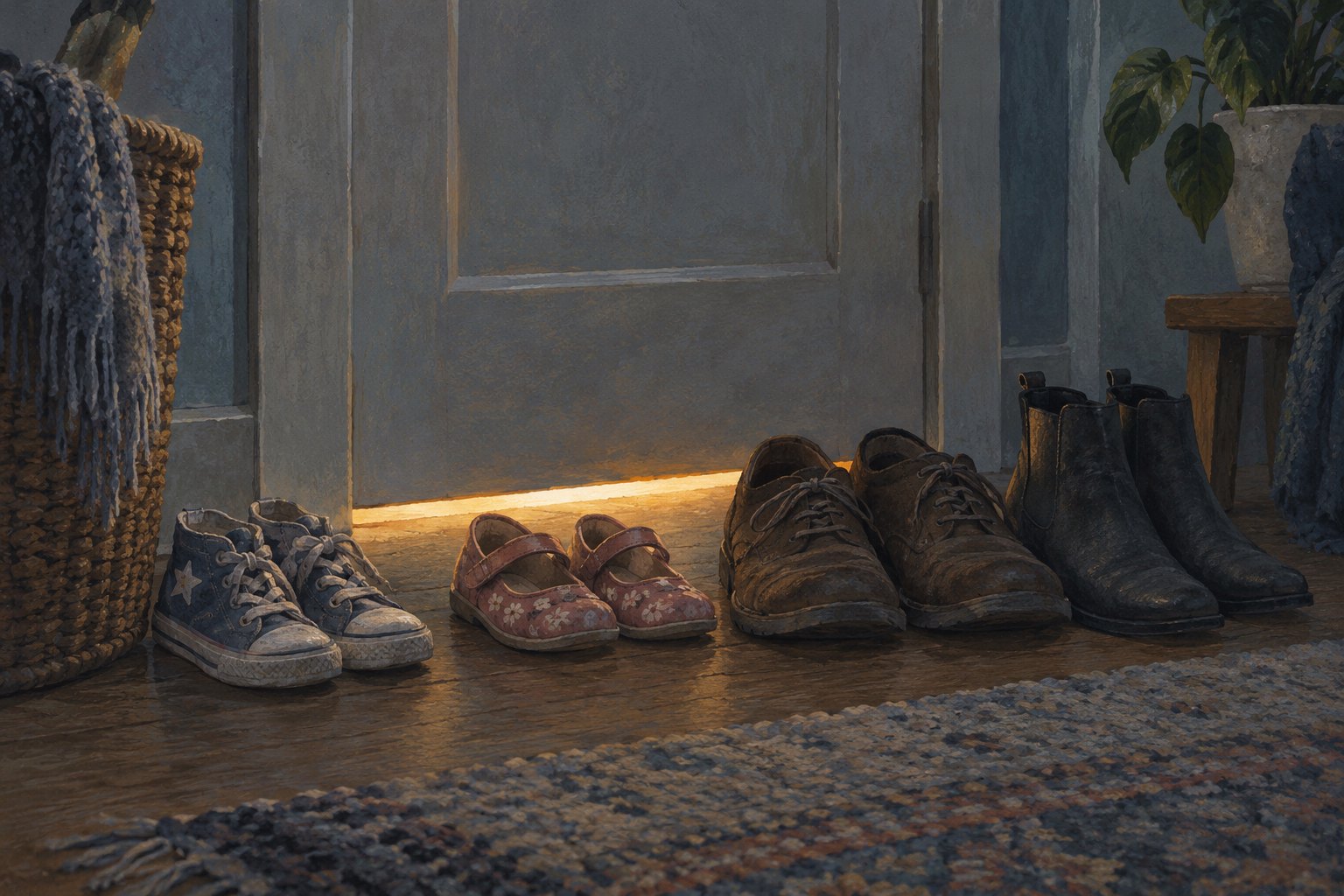 Symbolic illustration of two pairs of children's shoes and two pairs of adult shoes beside a closed door with light beneath it.