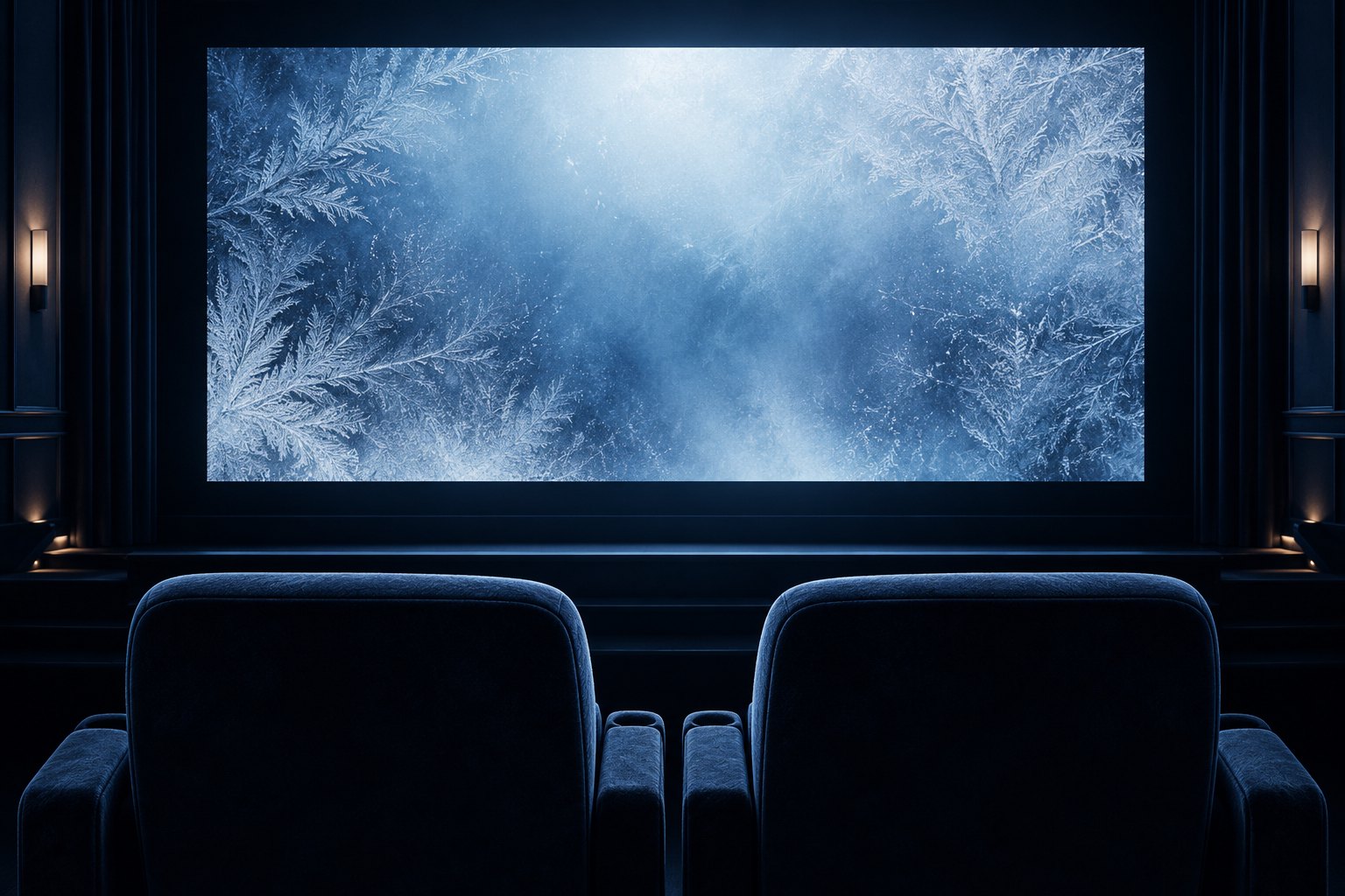 Conceptual illustration of two empty cinema seats facing a screen covered in icy blue frost patterns.