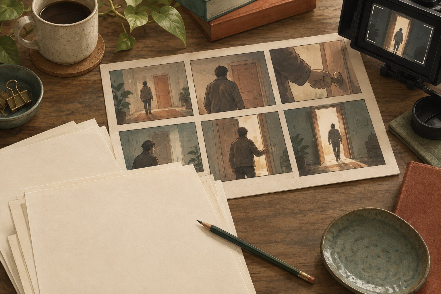 Conceptual illustration of blank screenplay pages and a six-panel storyboard showing a figure approaching and entering a doorway.