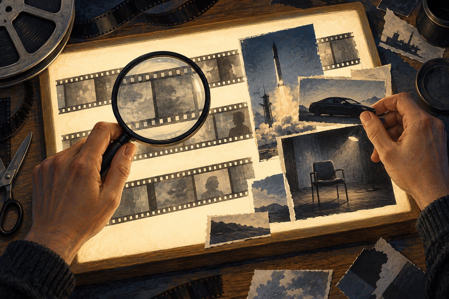 Editorial illustration of hands examining film strips and images of a rocket, an electric car, and an interview chair on a light table.