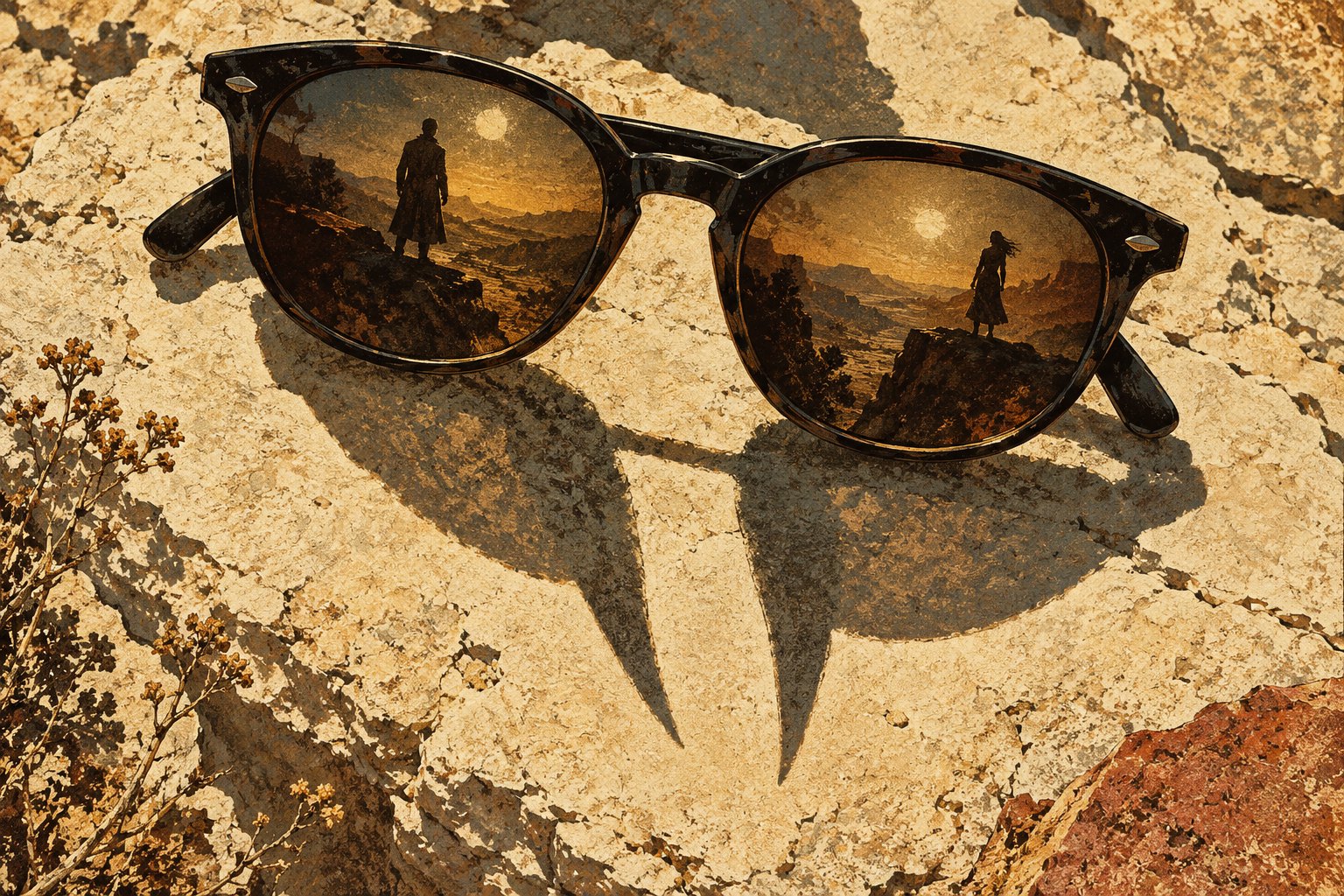 Original conceptual illustration of sunglasses on desert stone, with a different traveler reflected in each lens and fanglike shadows below.
