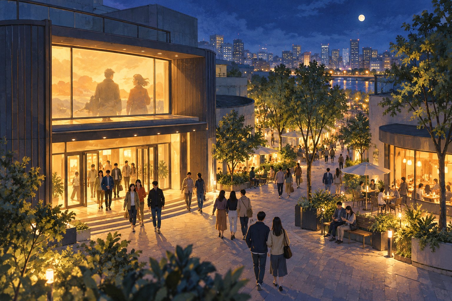 夜色中观众走出暖光影院,沿有树木与店铺的步行街散步的概念插画