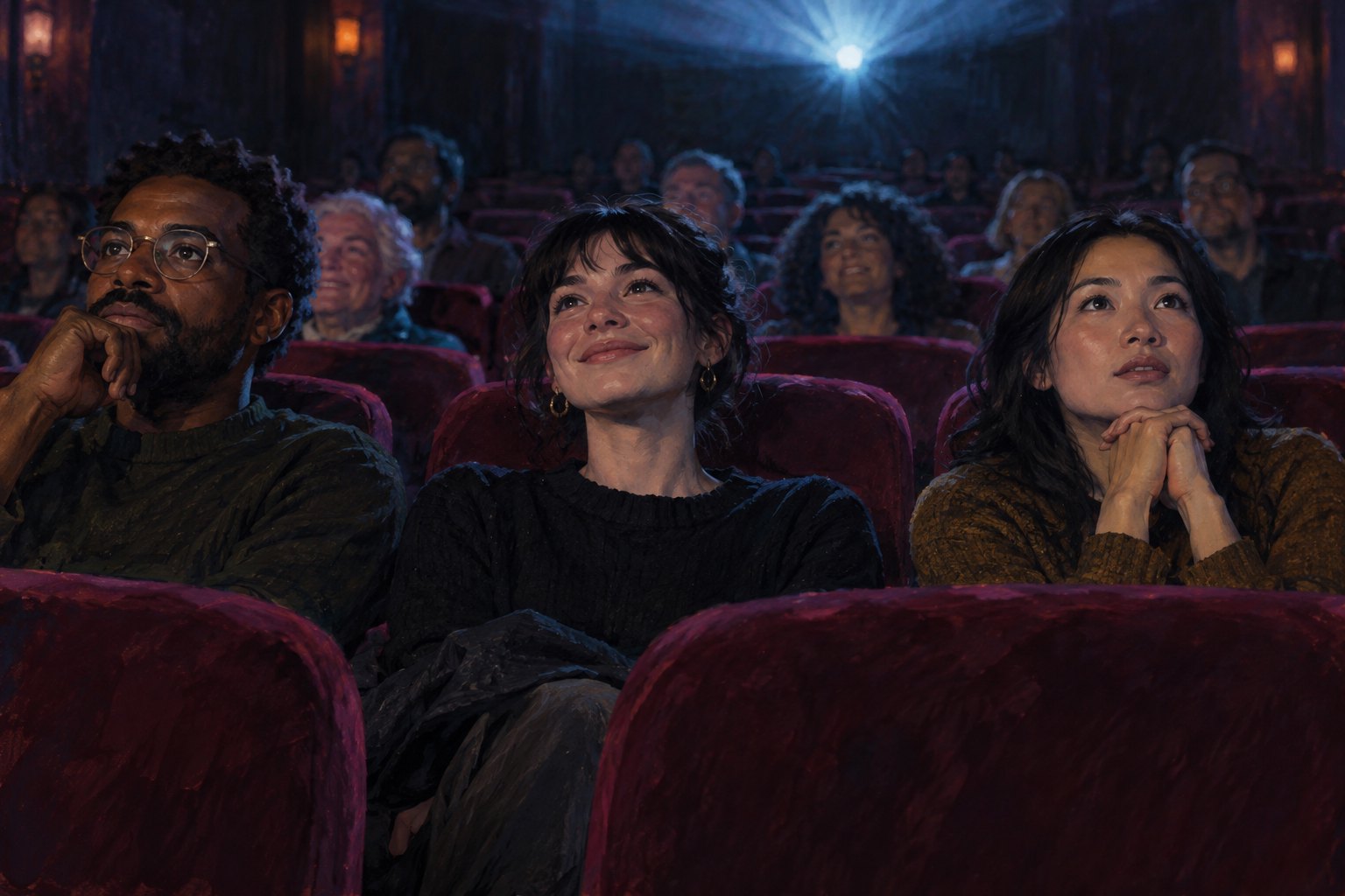 Original illustration of cinema viewers showing thoughtful, amused, and absorbed reactions in rows of burgundy seats.
