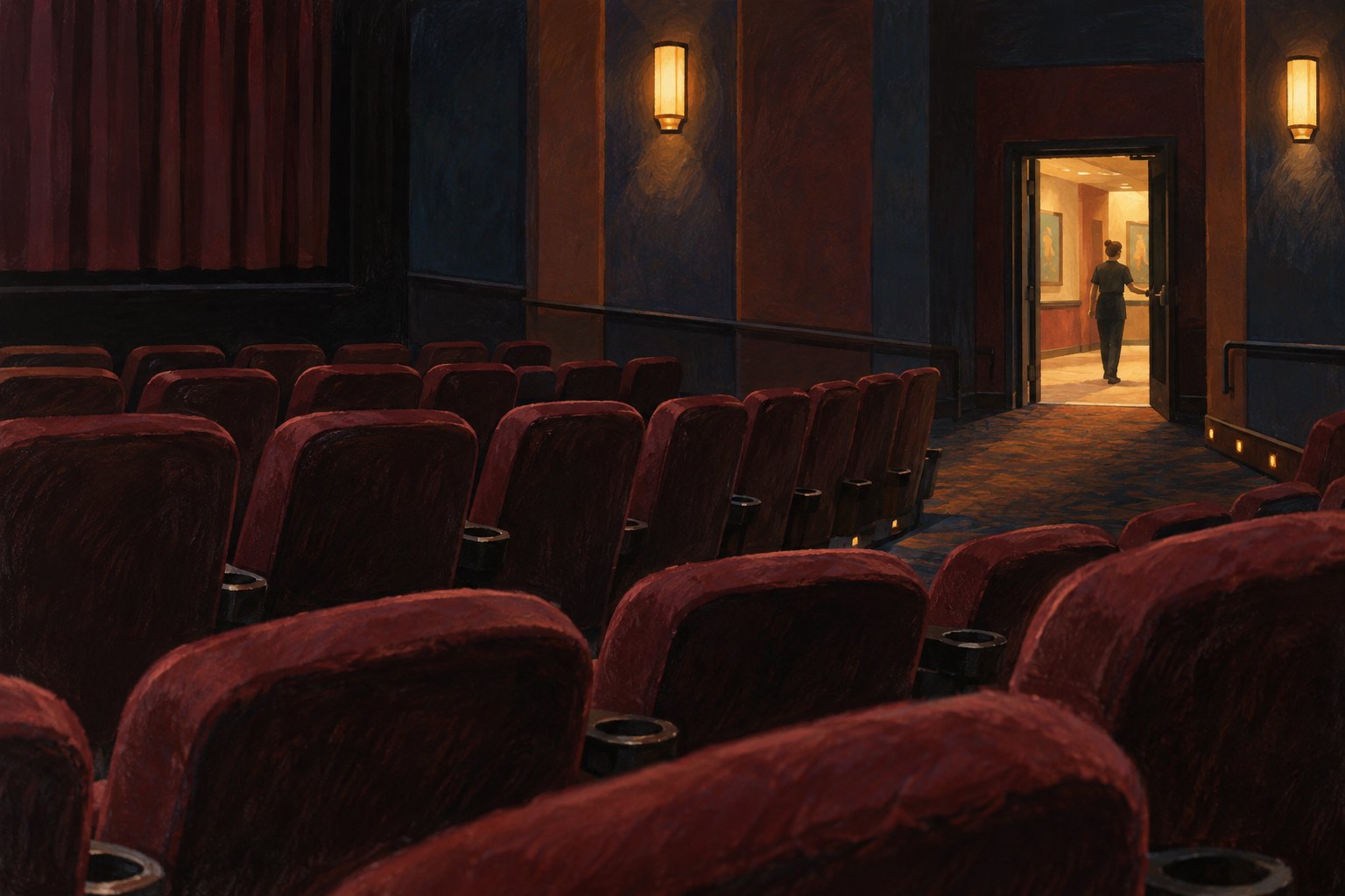 Conceptual illustration of an empty cinema auditorium with burgundy seats and an employee near a warmly lit doorway.