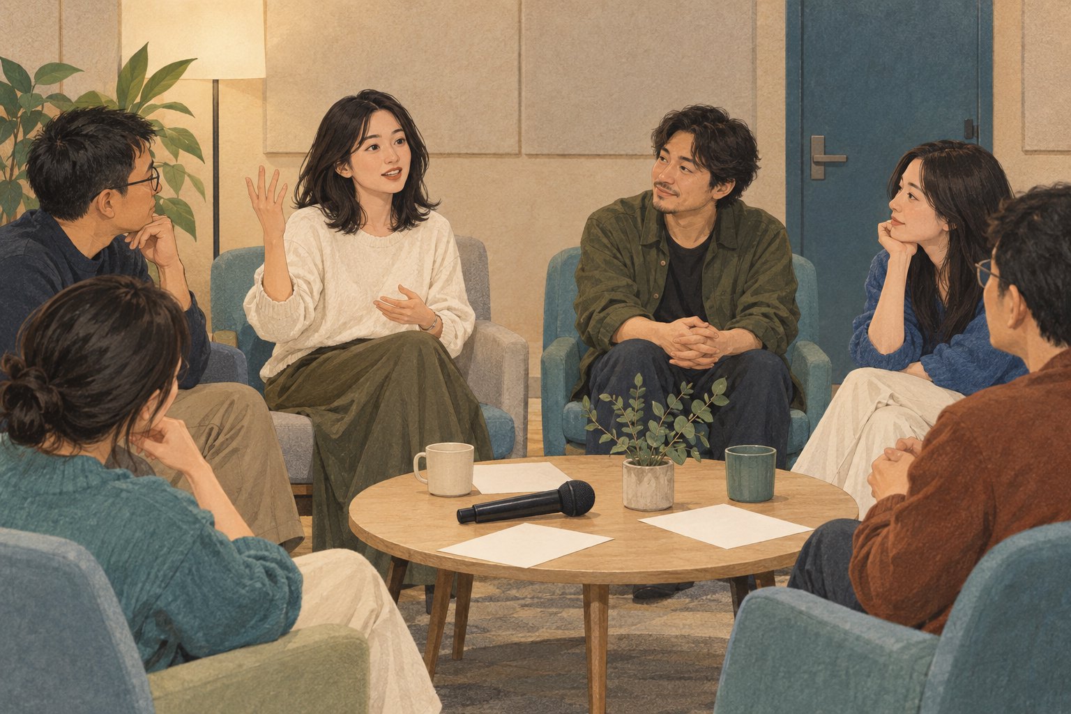 插画中六名观众围坐交流,一位女观众举手发言,其他人专心倾听