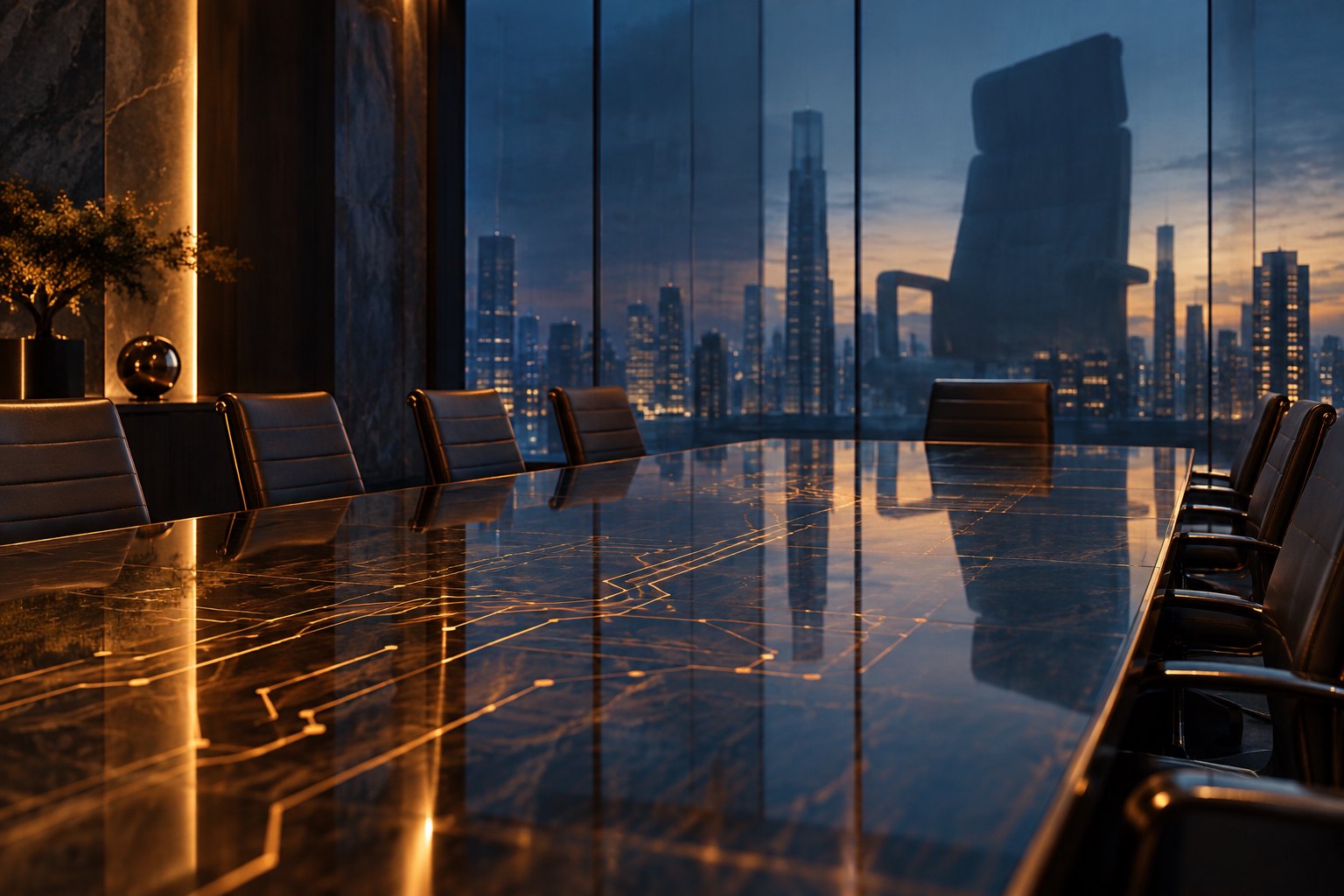 Conceptual illustration of an empty boardroom with amber circuit patterns across the table and an oversized chair reflected in blue glass.