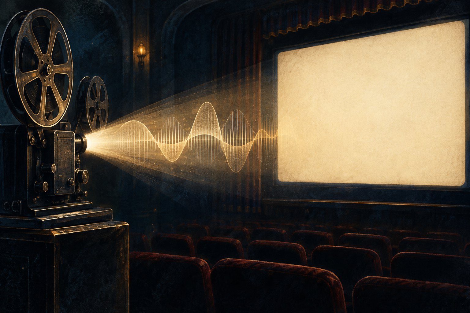 Conceptual illustration of a vintage projector casting a golden beam with sound waves toward a blank cinema screen.