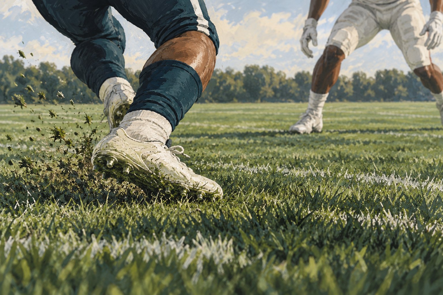 Conceptual illustration of football cleats planting in the turf, emphasizing footwork and spacing.
