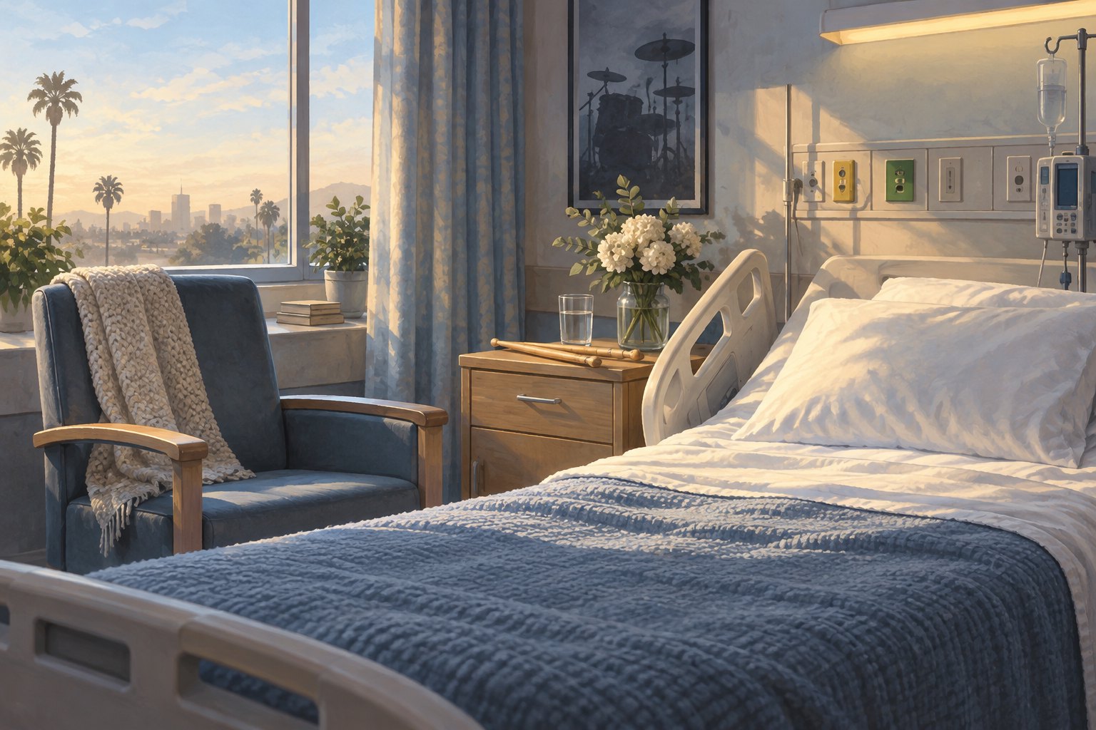 Conceptual illustration of an empty hospital bed, a blue visitor chair, and drumsticks on a bedside table in warm daylight.