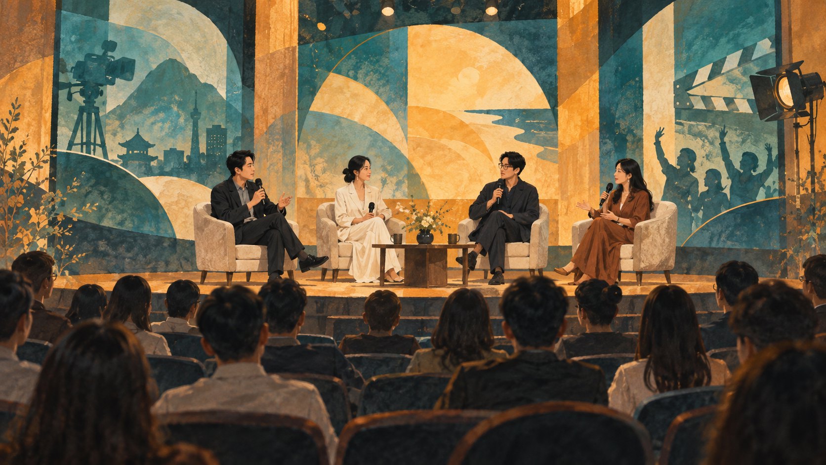 原創論壇概念插畫:四名影視工作者在舞臺上交流,觀眾於臺下聆聽,非活動現場紀錄