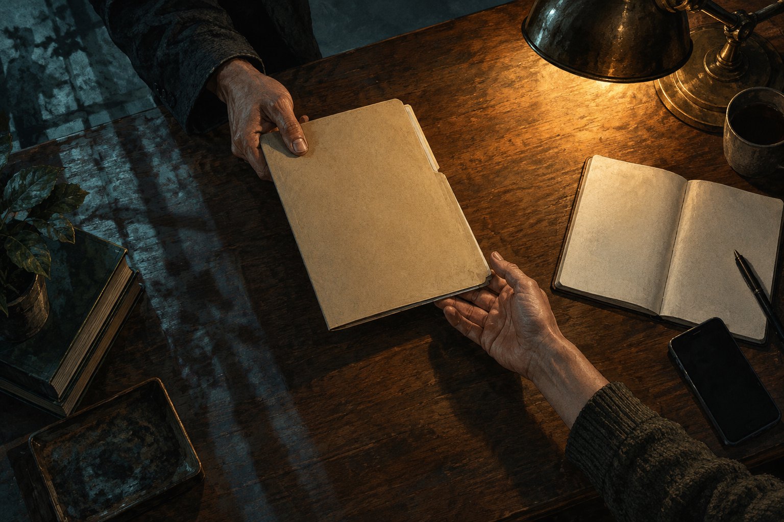 Conceptual illustration of hands passing a plain document folder across a desk beside a notebook and dark smartphone.
